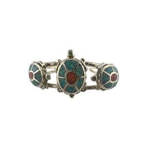 Vintage Navajo Sterling Silver Turtle Turquoise Coral Chip Inlay Cuff Bracelet